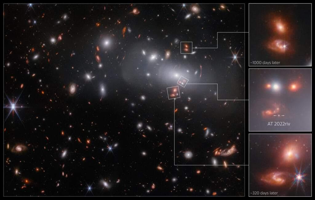 صورة واحدة تحتوي على ثلاث صور مختلفة لنفس المجرة و في ثلاث اوقات مختلفة،
